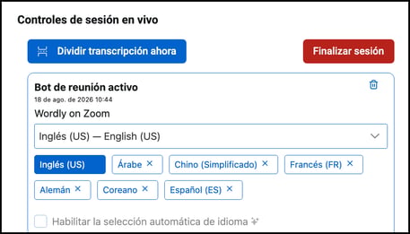 (es) meeting bot language picker