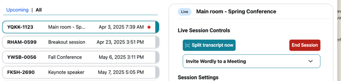 live session and controls