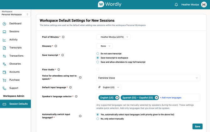 workspace default settings
