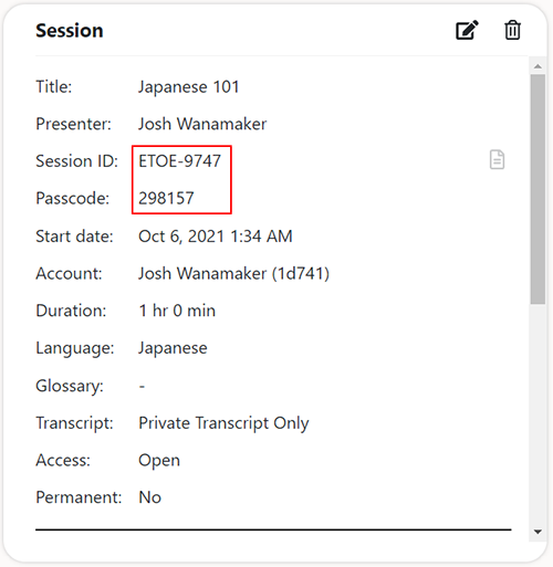 Session Details ID and Passcode