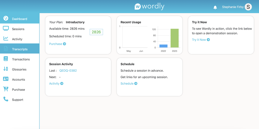 Worldy dashboard with transcripts nav