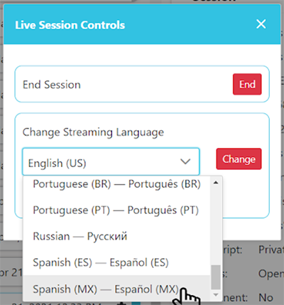 Live session controls language dropdown