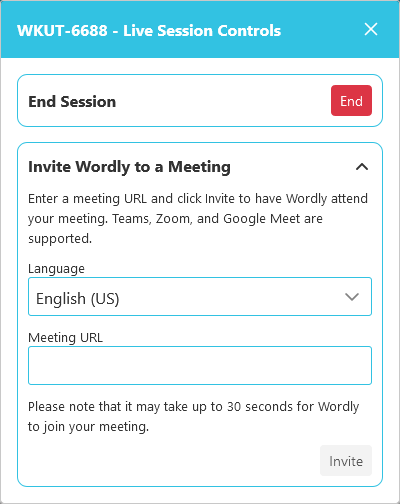 Invite Wordly to Meeting box in the Live Session Controls window