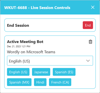Active meeting bot language buttons