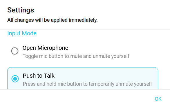 Push to Talk settings window