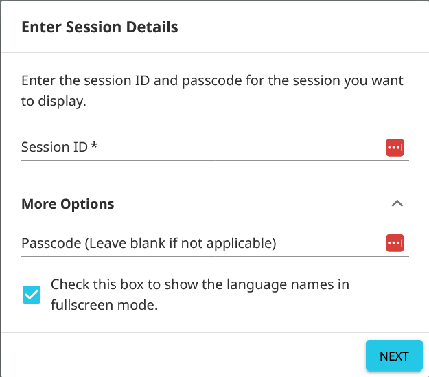 Wordly Display Enter Session Details