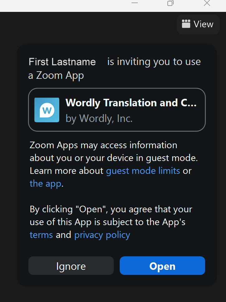 Accept Wordly App for Zoom